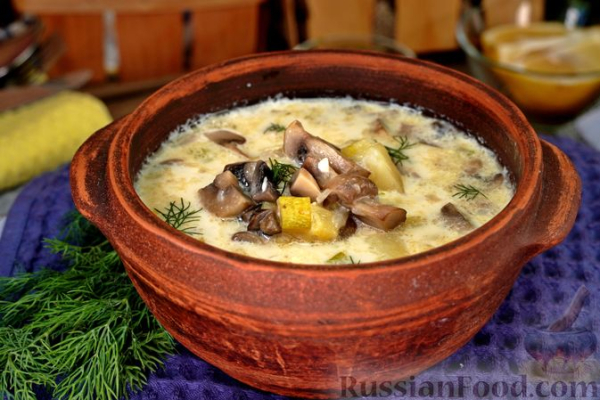 Суп с шампиньонами, кабачками и плавленым сыром